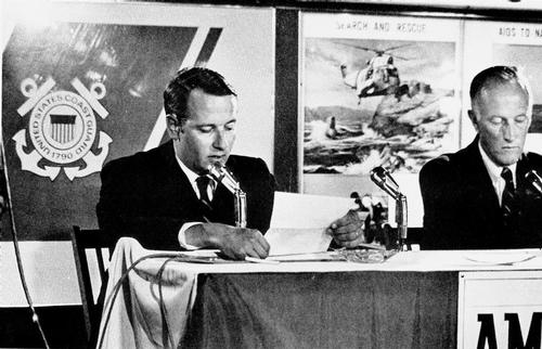 New York Yacht Club Race Committee Chairman, Dev Barker (31) reads the decision of the Race Committee after the second protest on Race 2. To the right is Bob Bavier, skipper of Constellation in 1964, who was the moderator for the press conferences in 1970 - 1970 America’s Cup, Intrepid vs Gretel II © SW